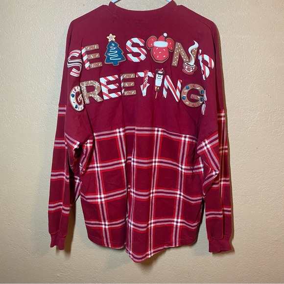 Disney Tops - Disney Mickey Mouse Holiday Plaid Spirit Jersey in Red Seasons Greetings L